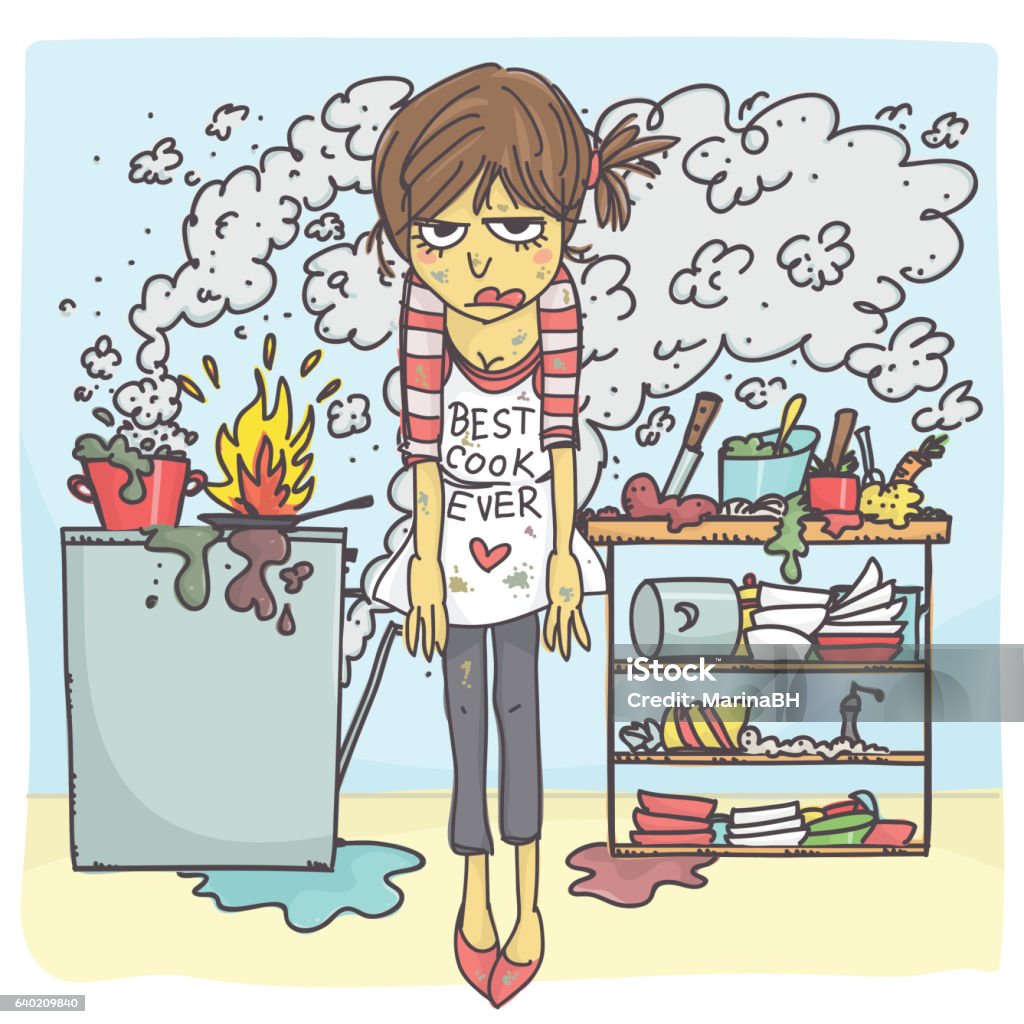 Stressed Woman In Messy Kitchen Stock Illustration - Download …