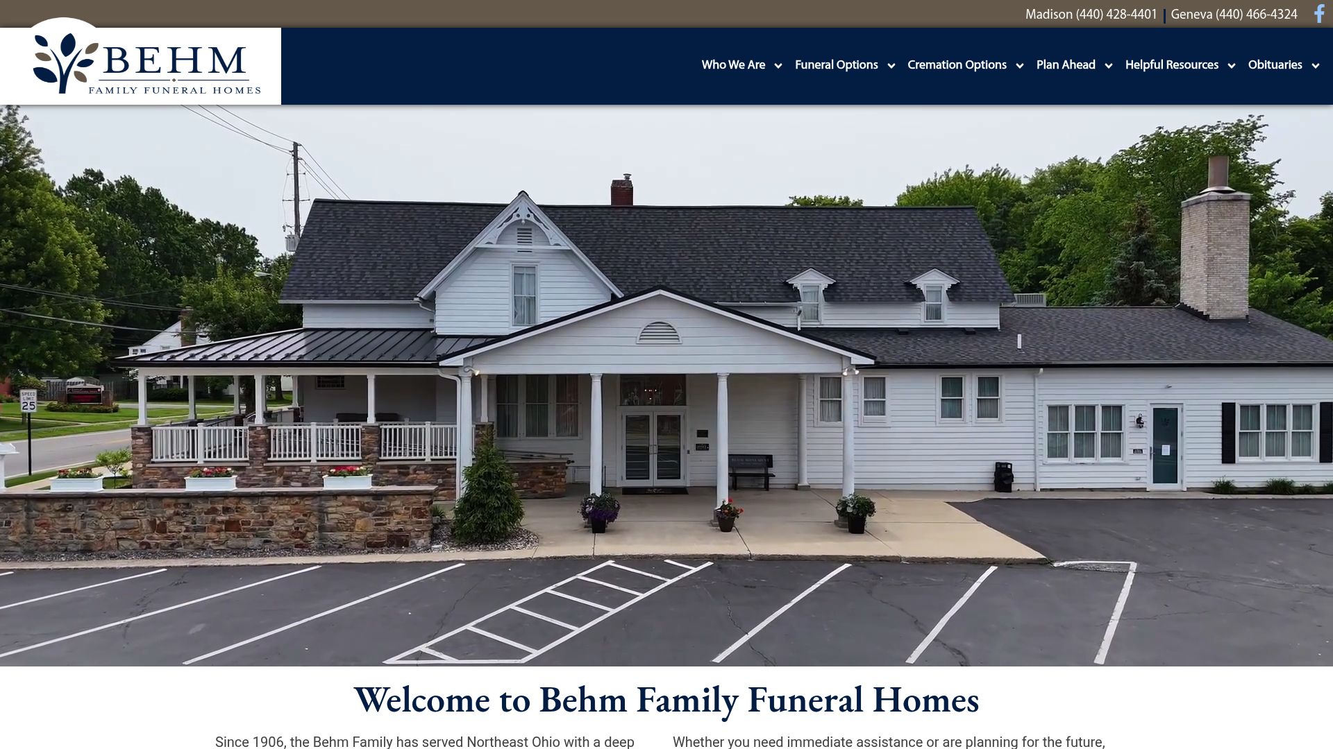 Behm Family Funeral Homes website homepage