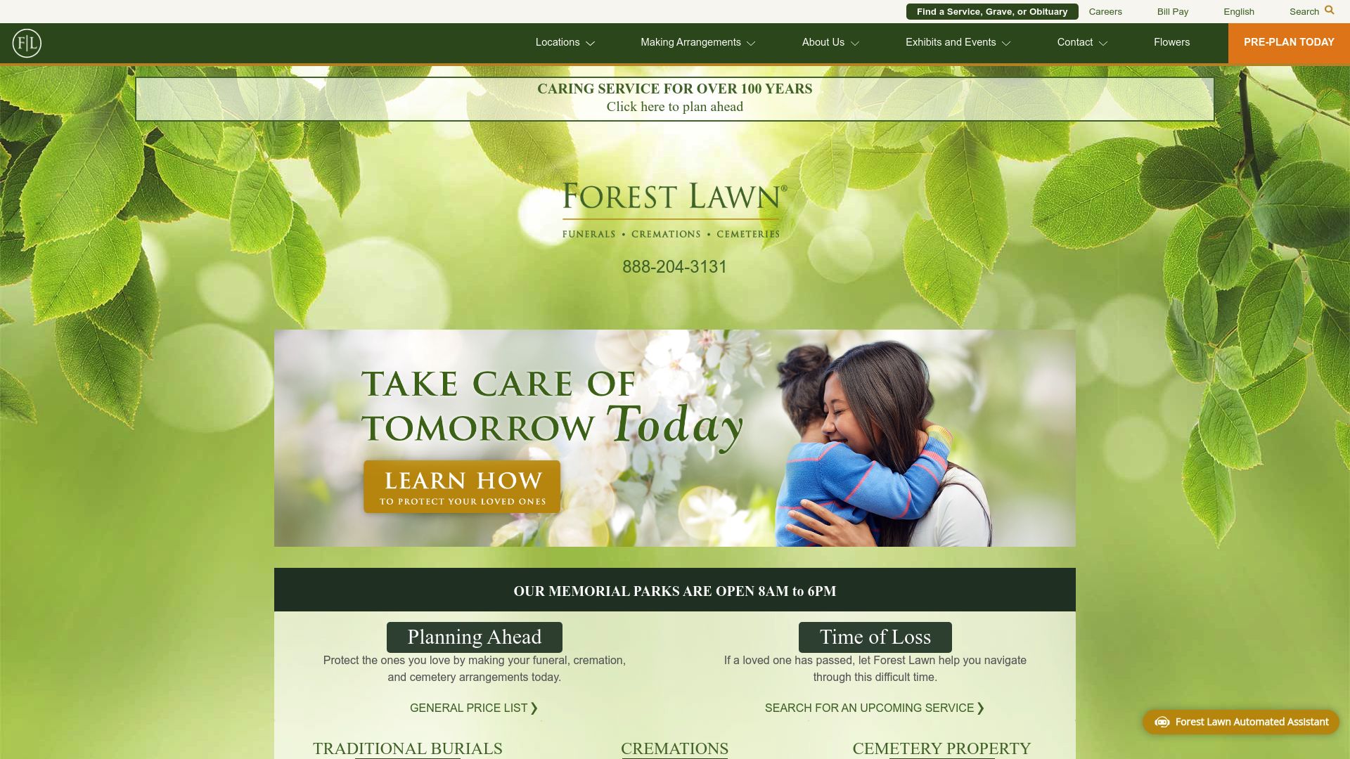 Forest Lawn Memorial Park website homepage
