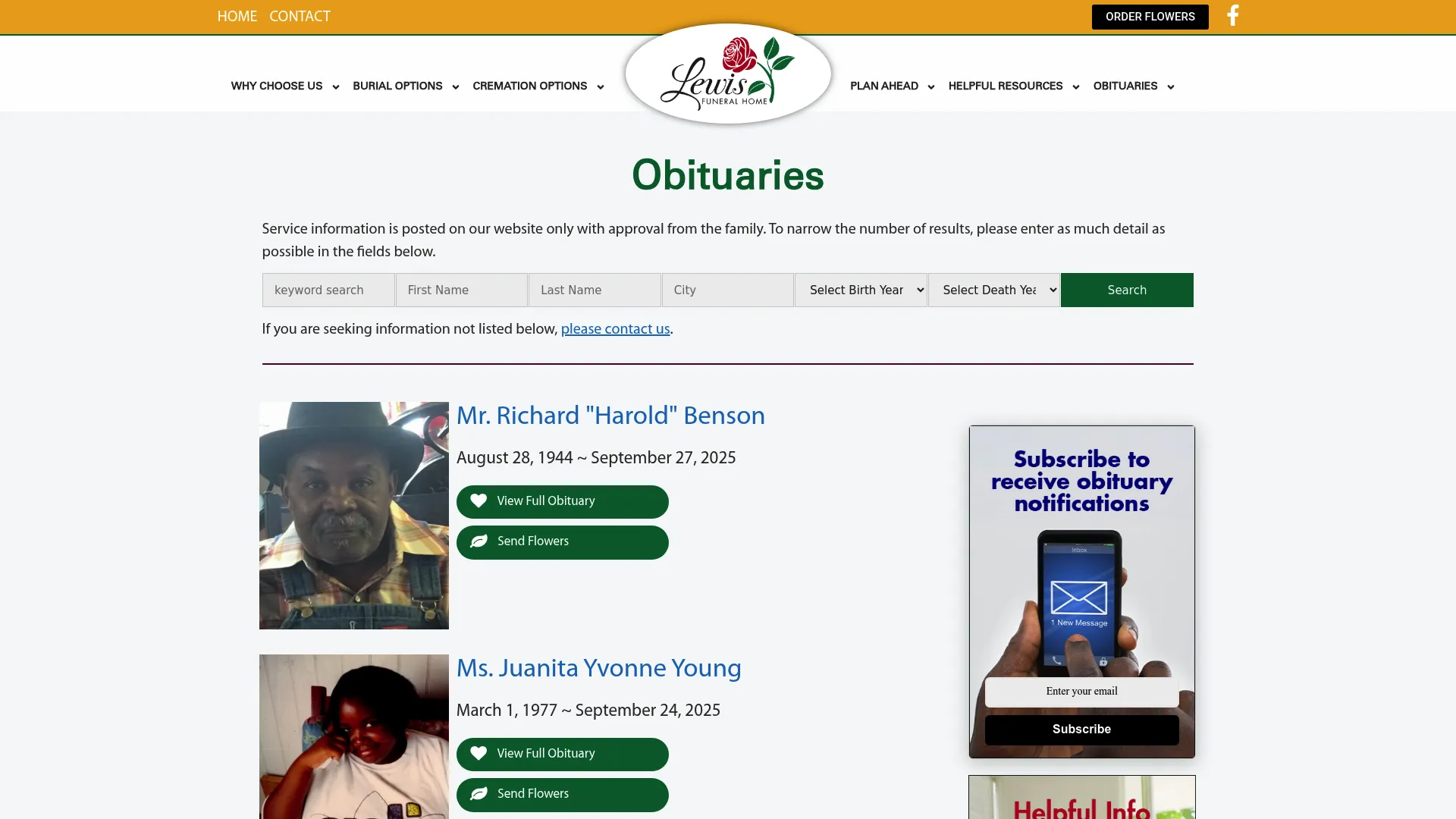 Lewis Funeral Home obituary search interface