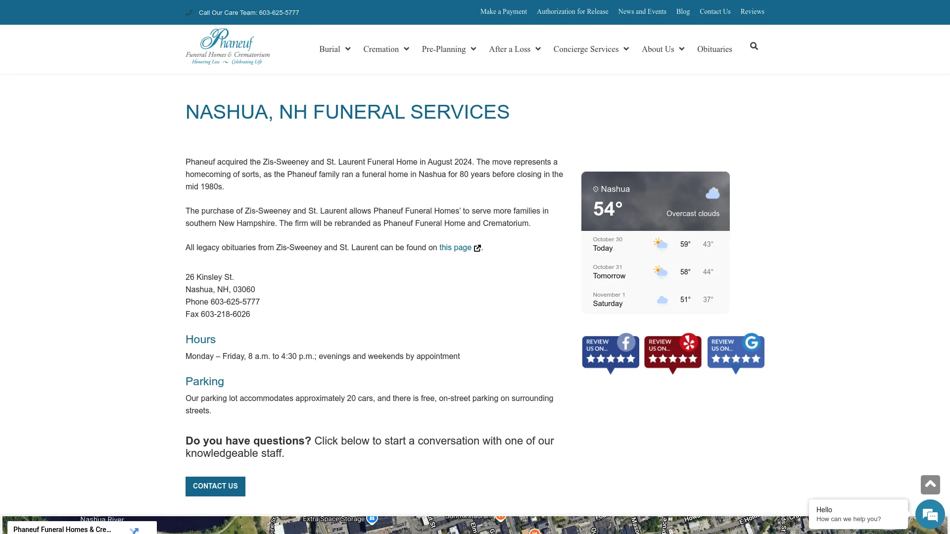 Phaneuf Funeral Home Nashua services page screenshot