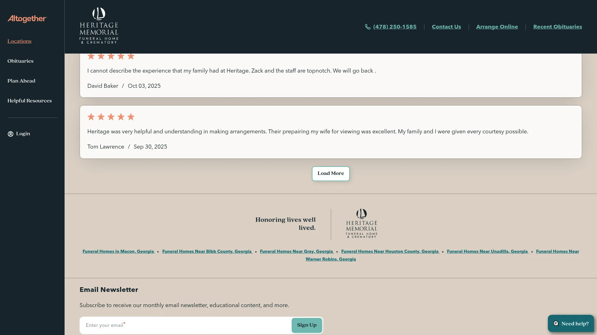 Heritage Memorial Funeral Home website screenshot