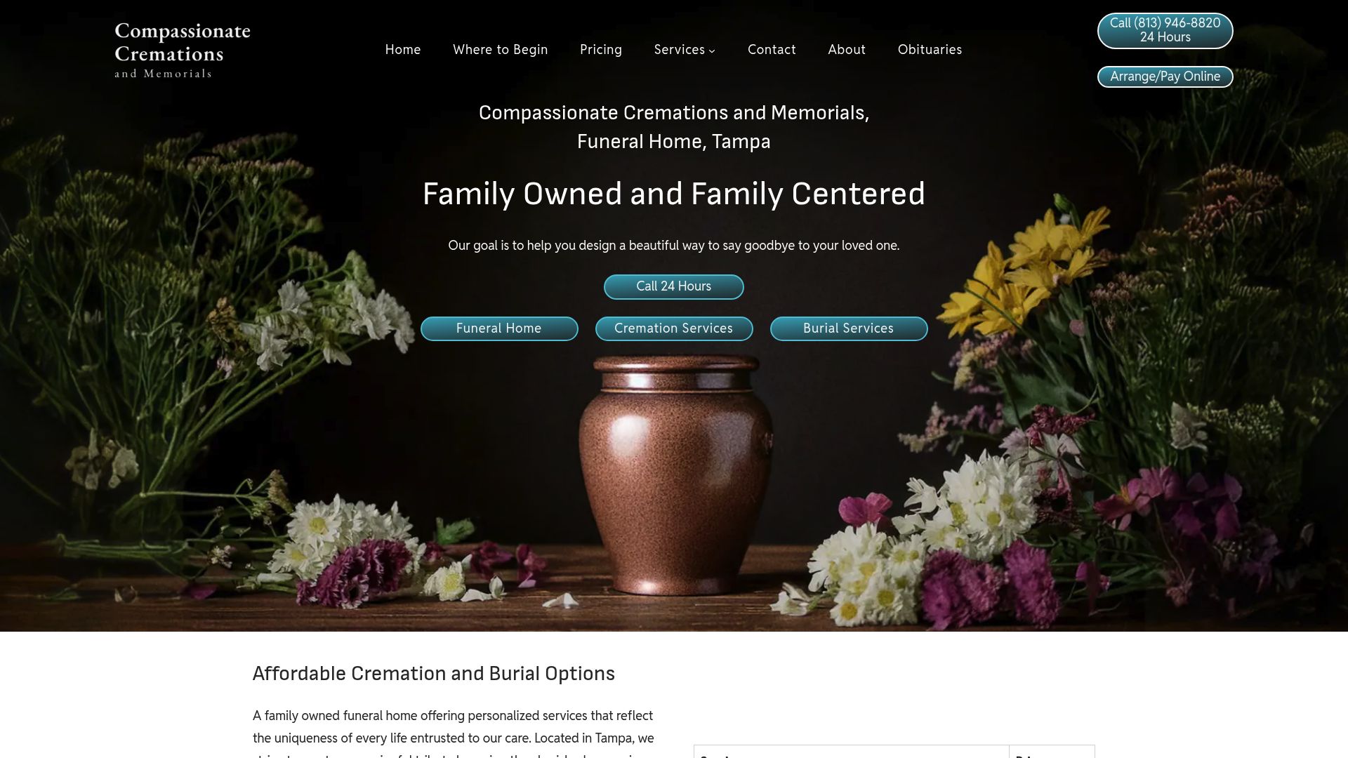 Compassionate Cremations and Memorials website homepage