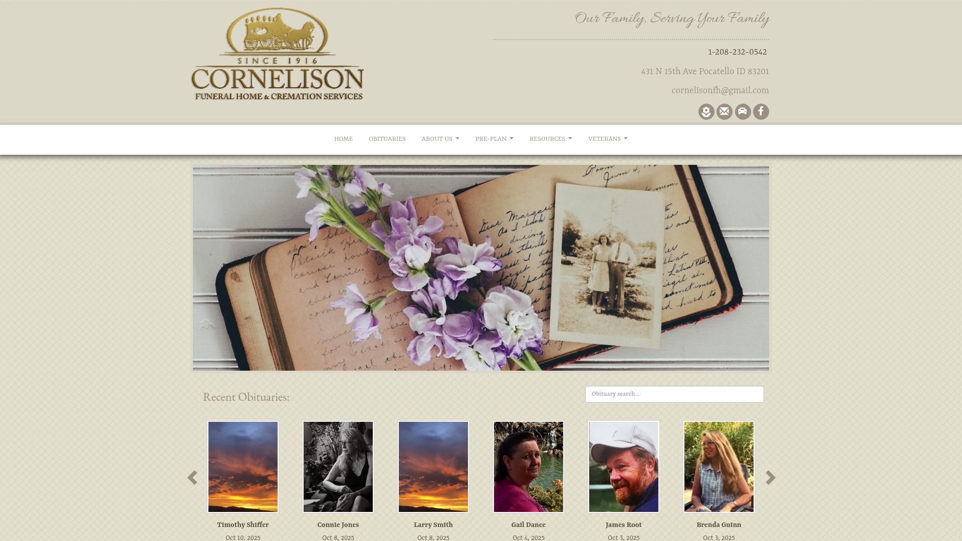 Cornelison Funeral Home website homepage