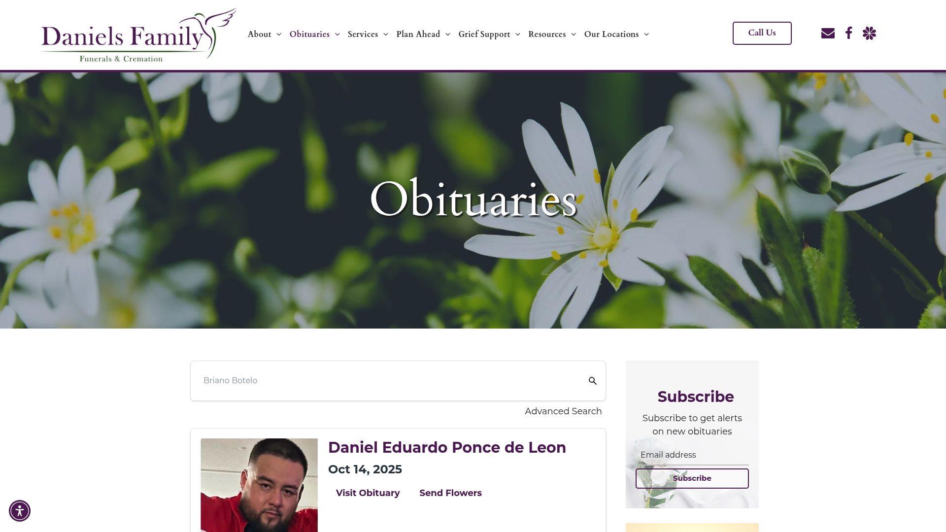 Daniels Funeral obituaries page interface