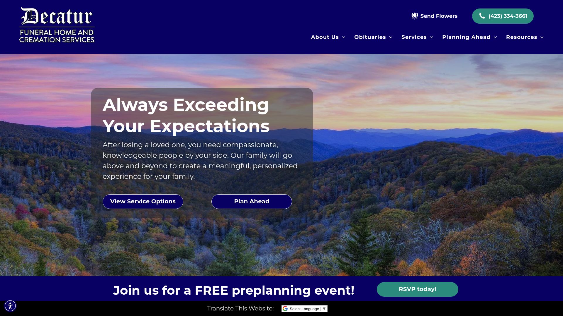 Decatur Funerals and Cremations website homepage