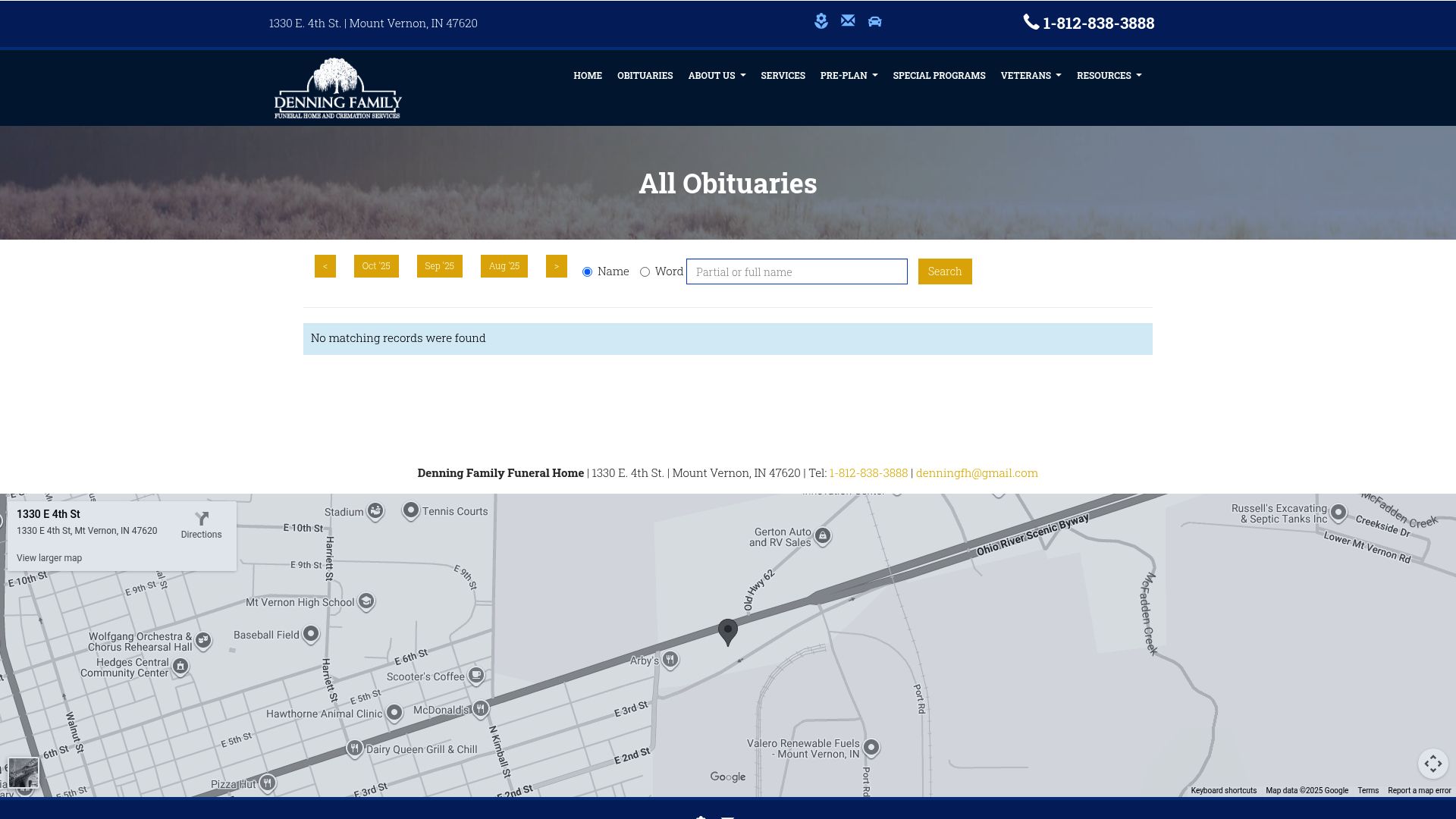 Denning Family Funeral Home listings page