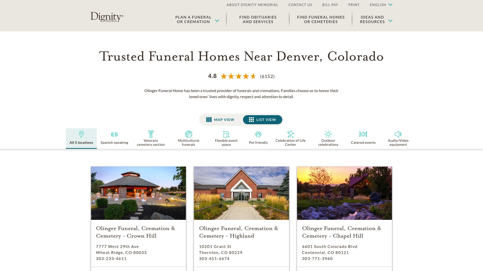 Dignity Memorial Denver funeral homes webpage