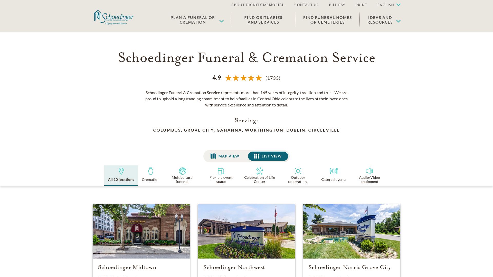Schoedinger Funeral Home website homepage