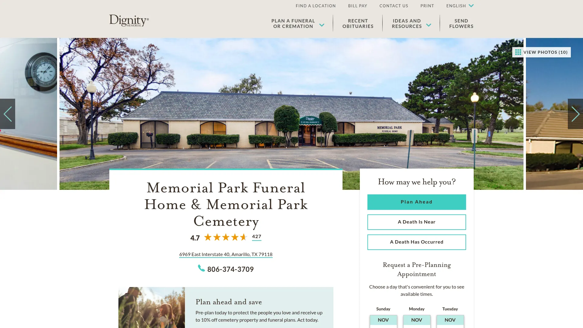 Memorial Park Funeral Home Cemetery Amarillo exterior view
