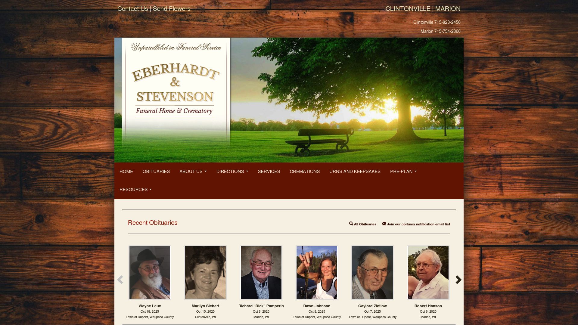 Eberhardt Stevenson Funeral Home website screenshot
