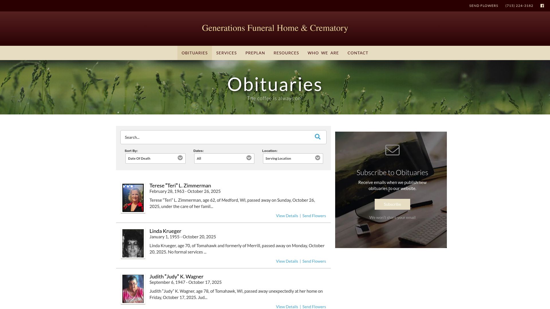 Generations obituary listings page