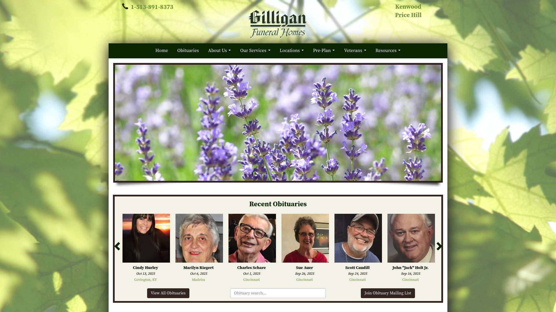 Gilligan Funeral Homes website homepage
