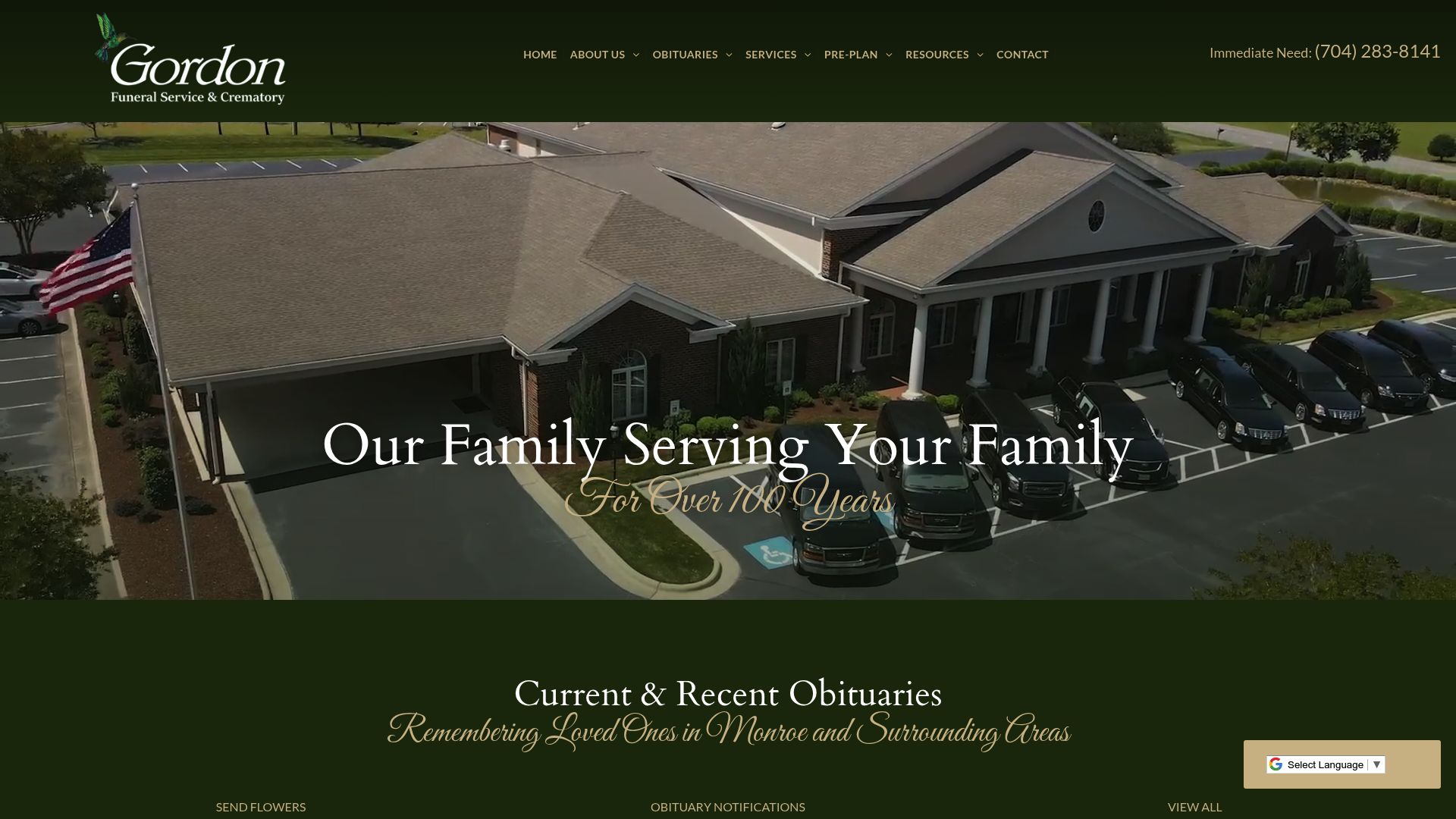 Gordon Funeral Service & Crematory website homepage