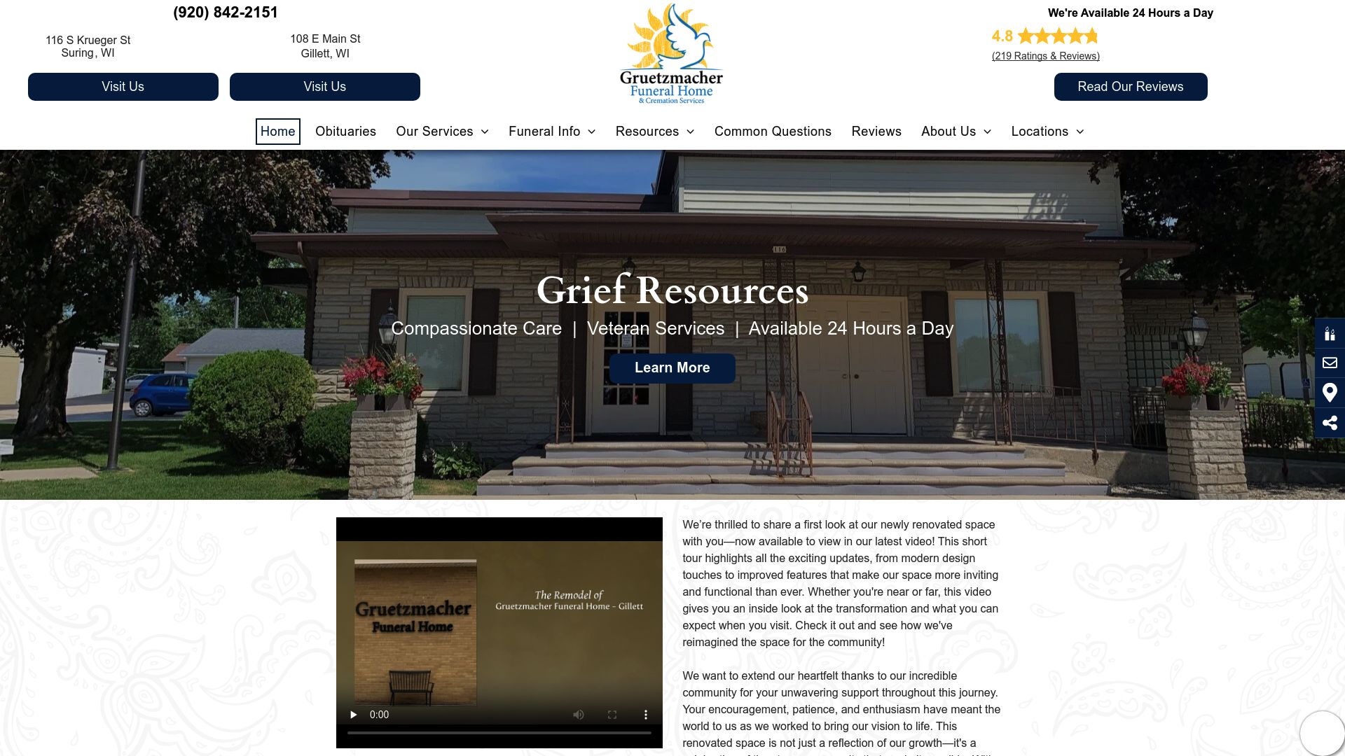 Gruetzmacher Funeral Home website screenshot