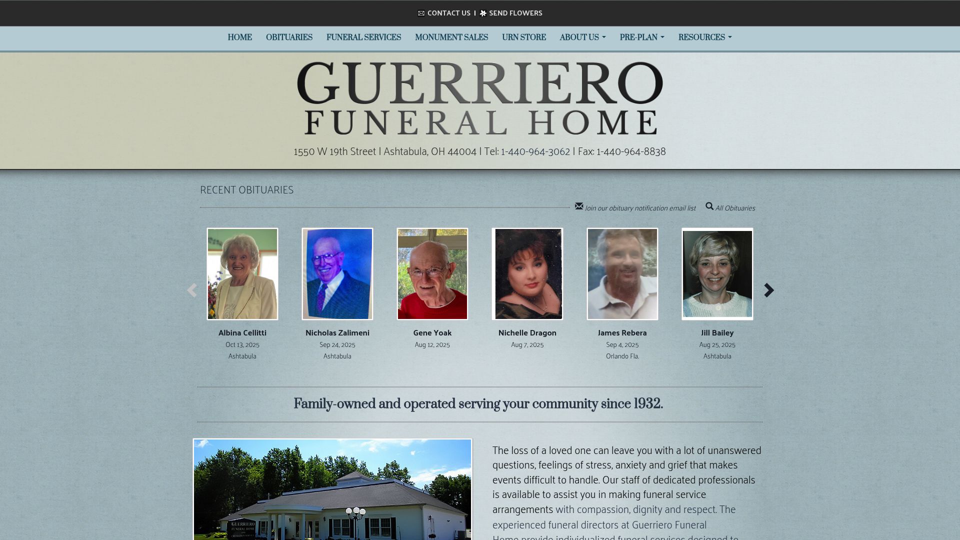 Guerriero Funeral Home website homepage