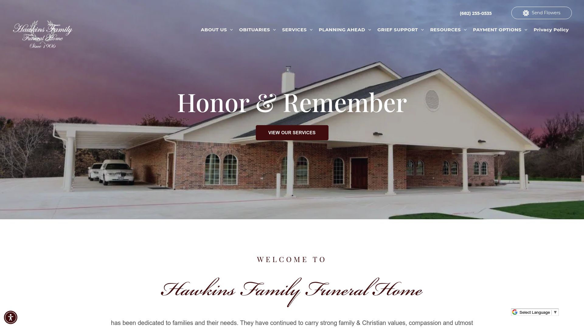 Hawkins Family Funeral Home website homepage