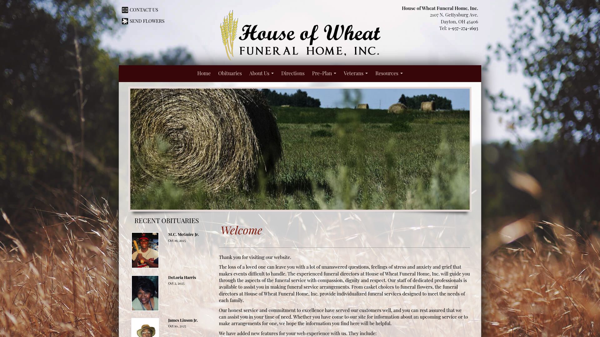 House of Wheat Funeral Home website homepage