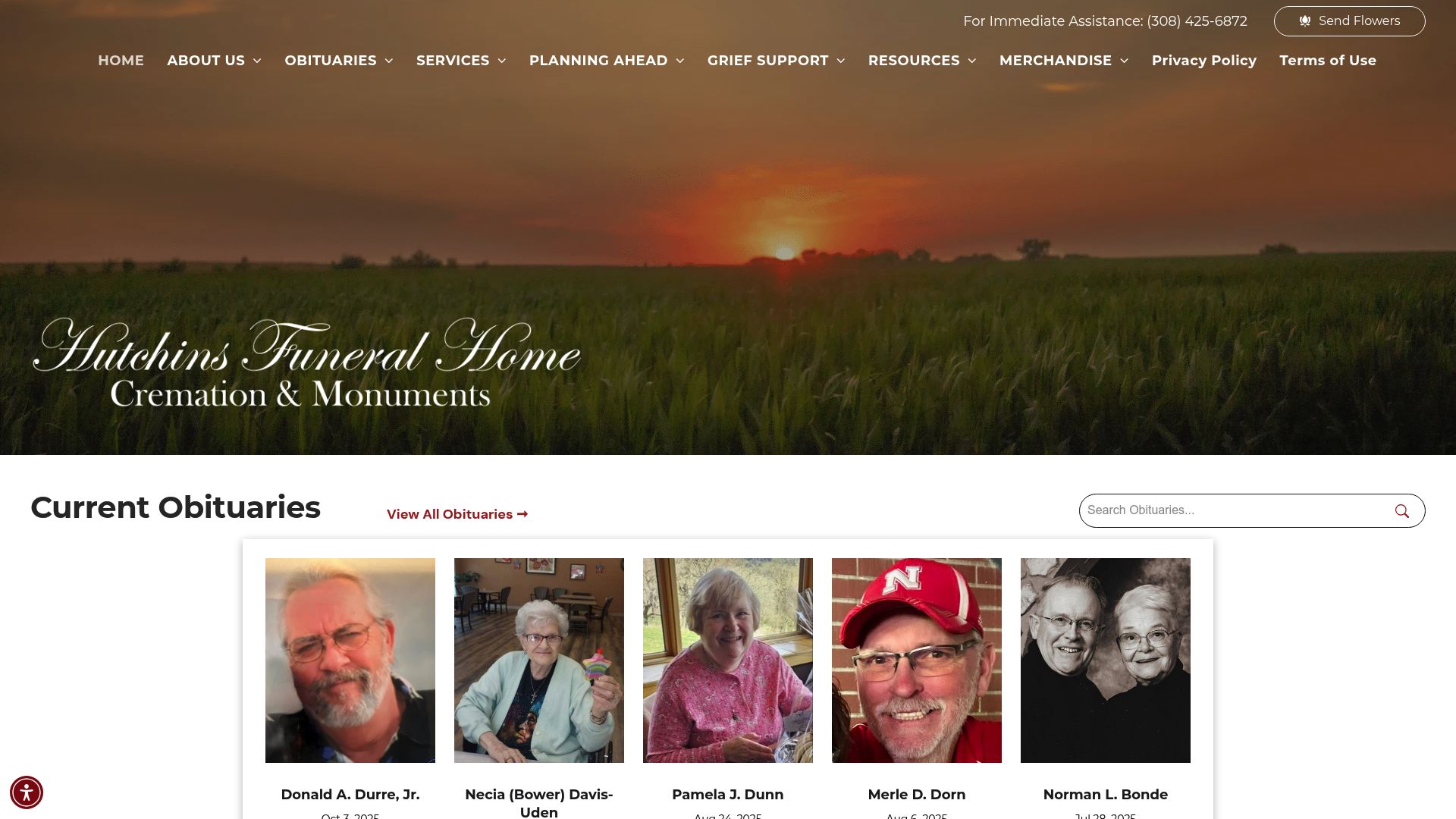 Hutchins Funeral Home website homepage