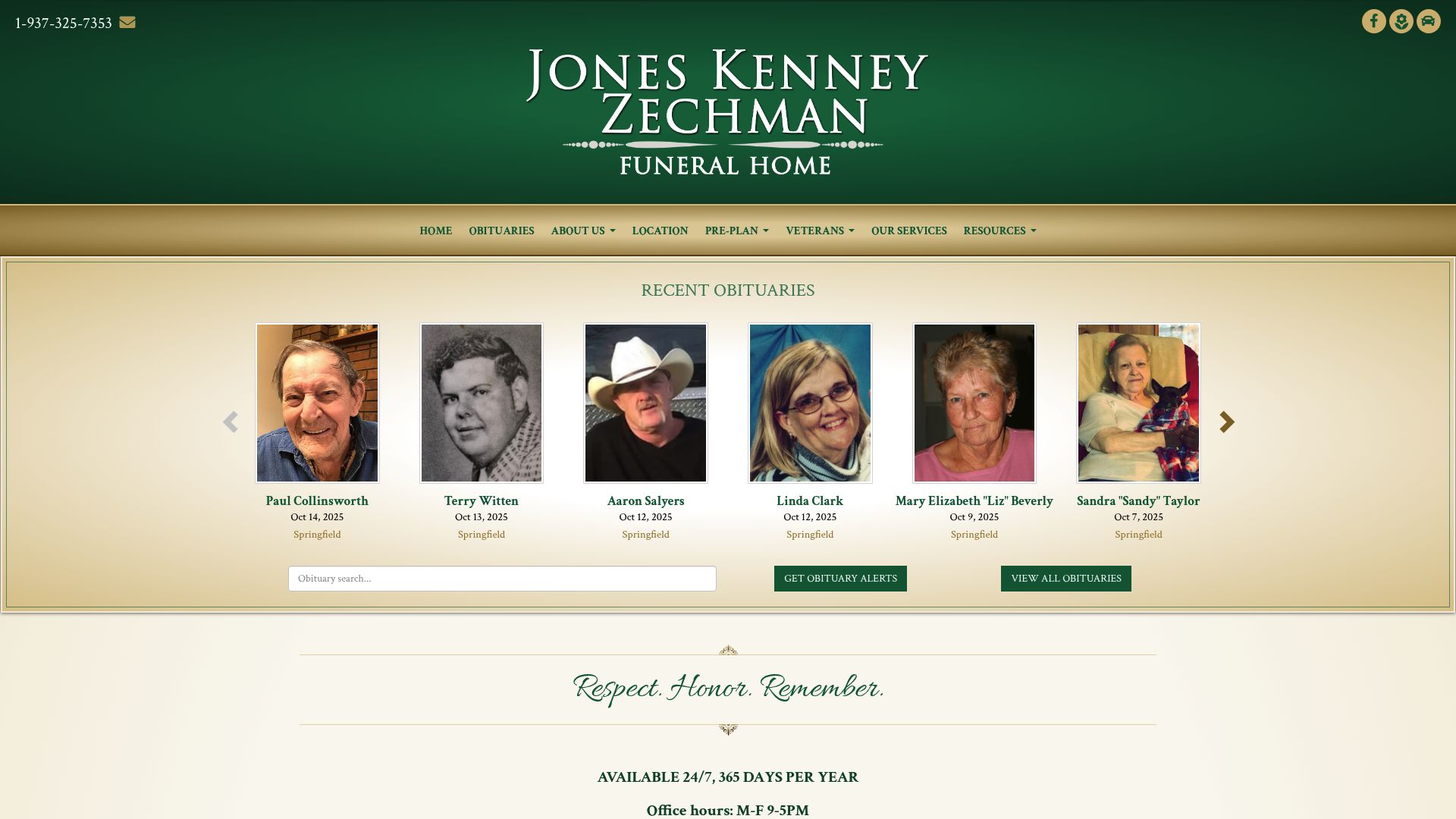 Jones Kenney Zechman Funeral Home website homepage