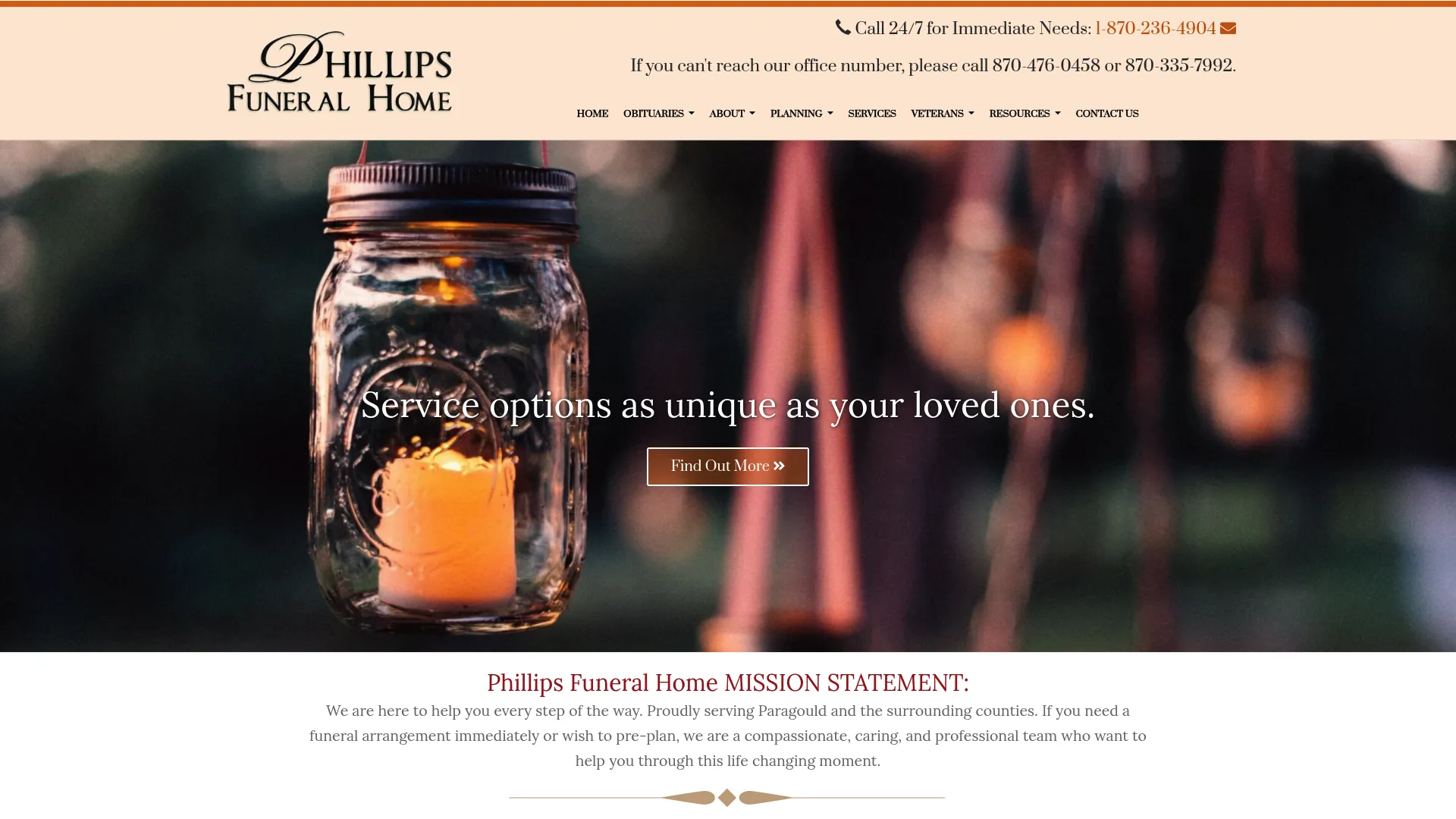 Phillips Funeral Home website homepage