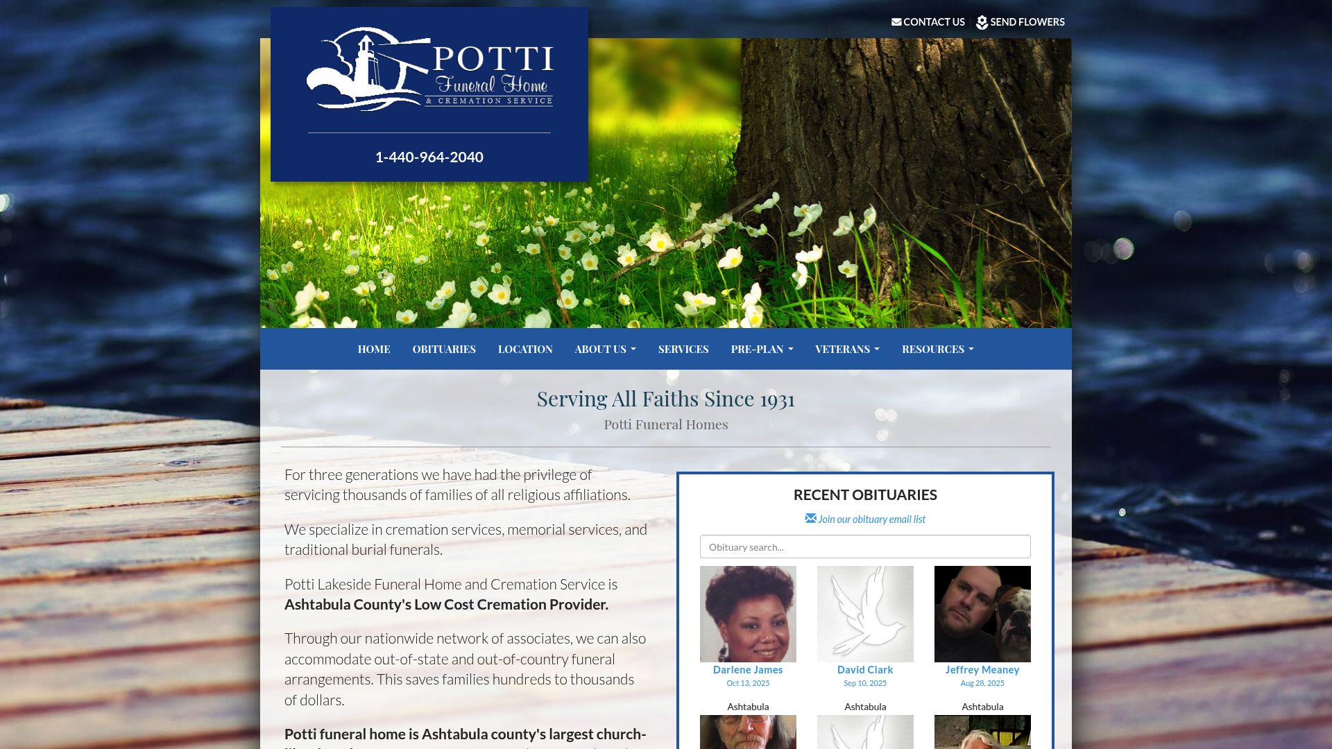 Potti Funeral Home website homepage
