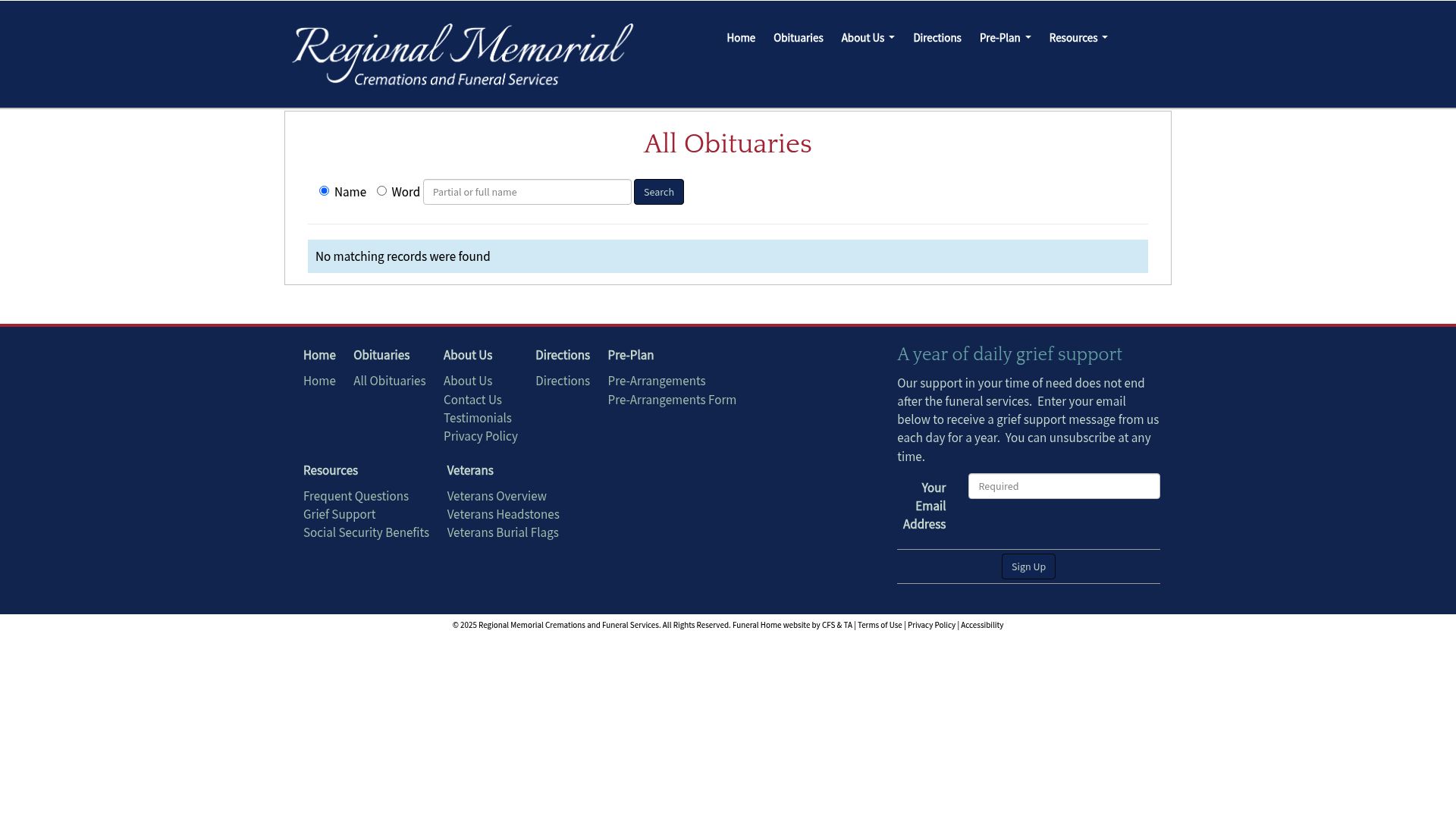 Regional memorial cremations listings page