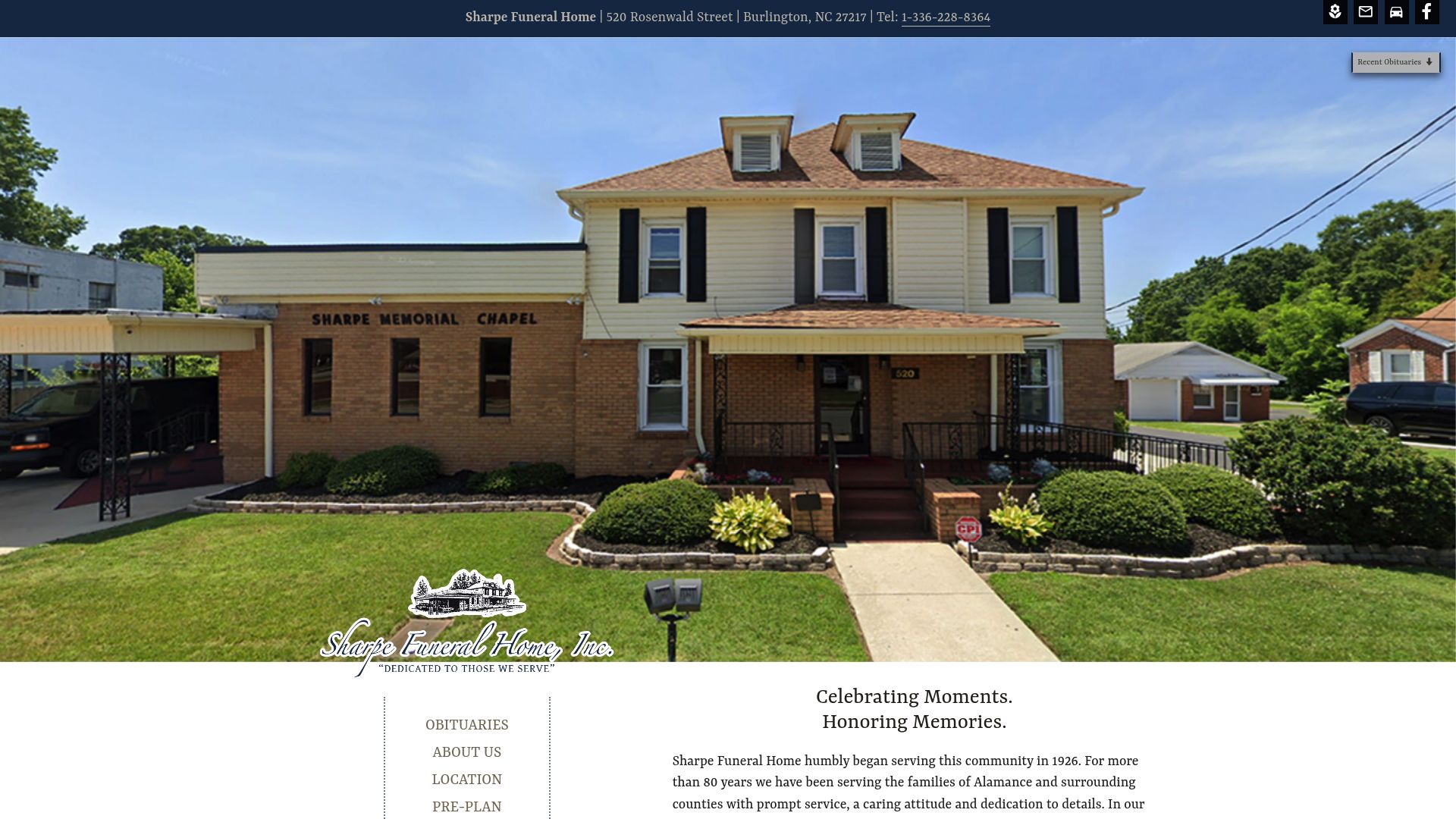 Sharpe Funeral Home website homepage