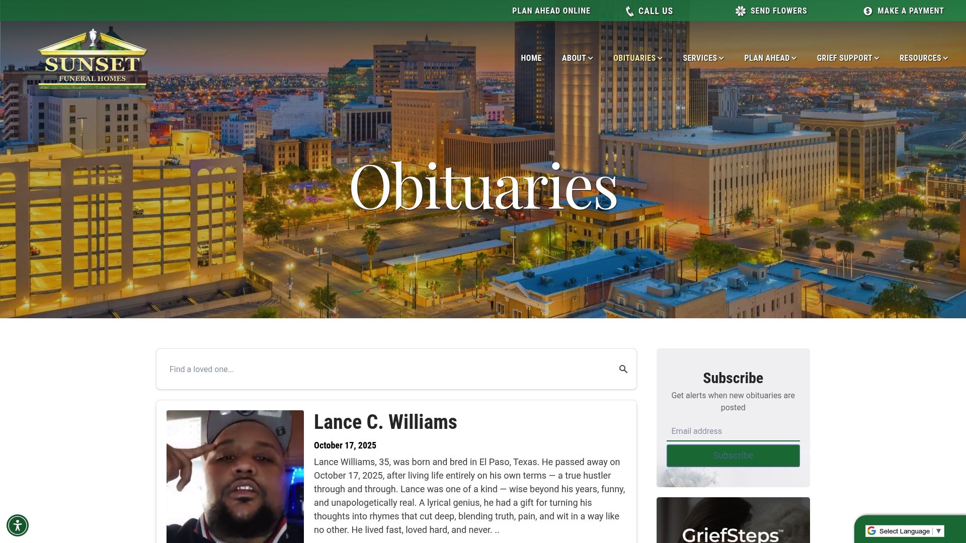 Screenshot of Sunset Funeral Homes obituary listings