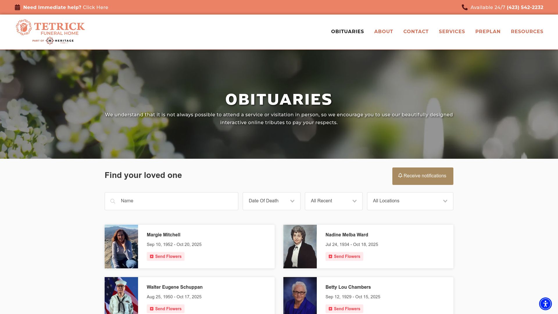 Screenshot of Tetrick Funeral Home obituary page