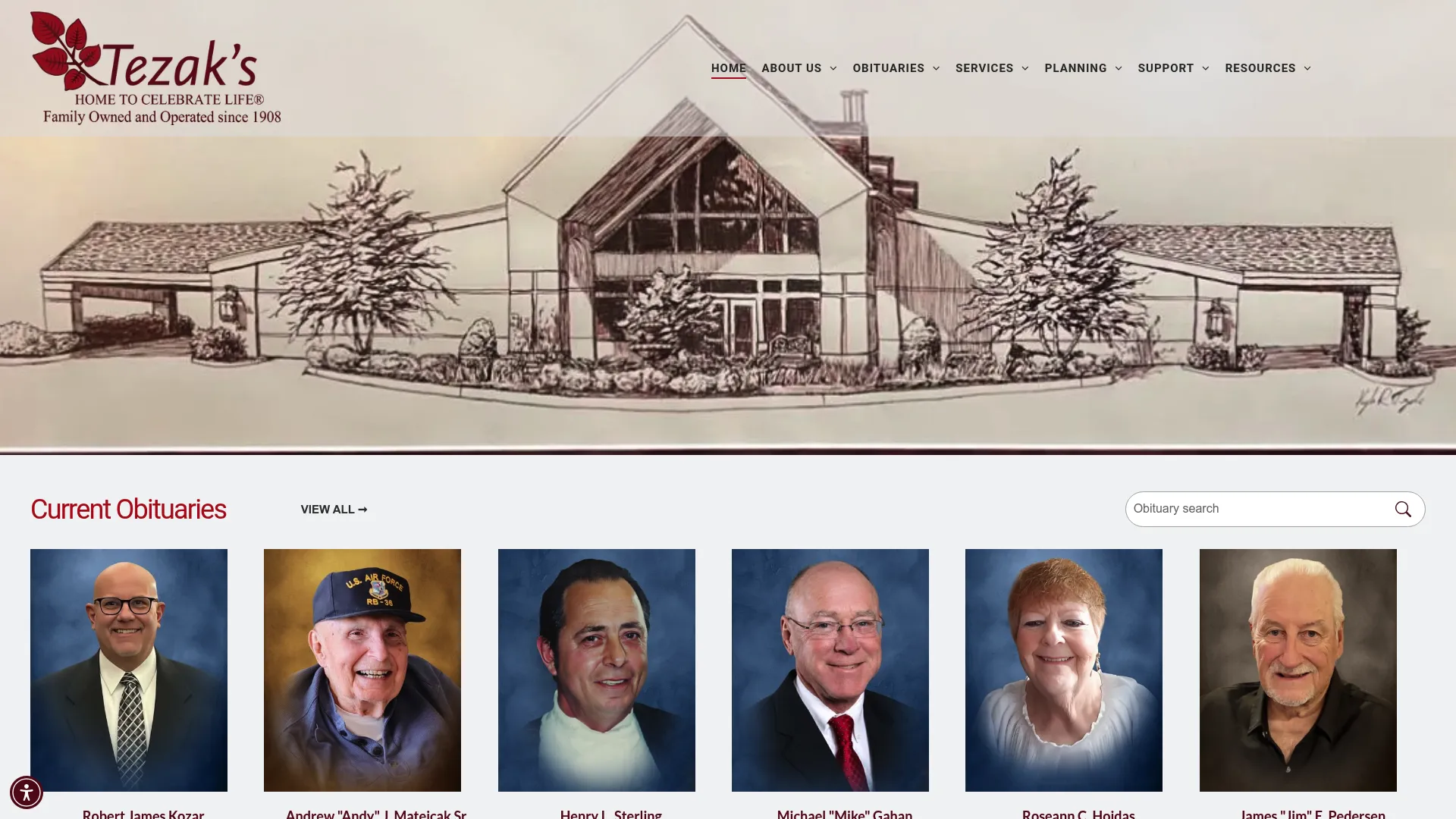 Tezak Funeral Home website homepage