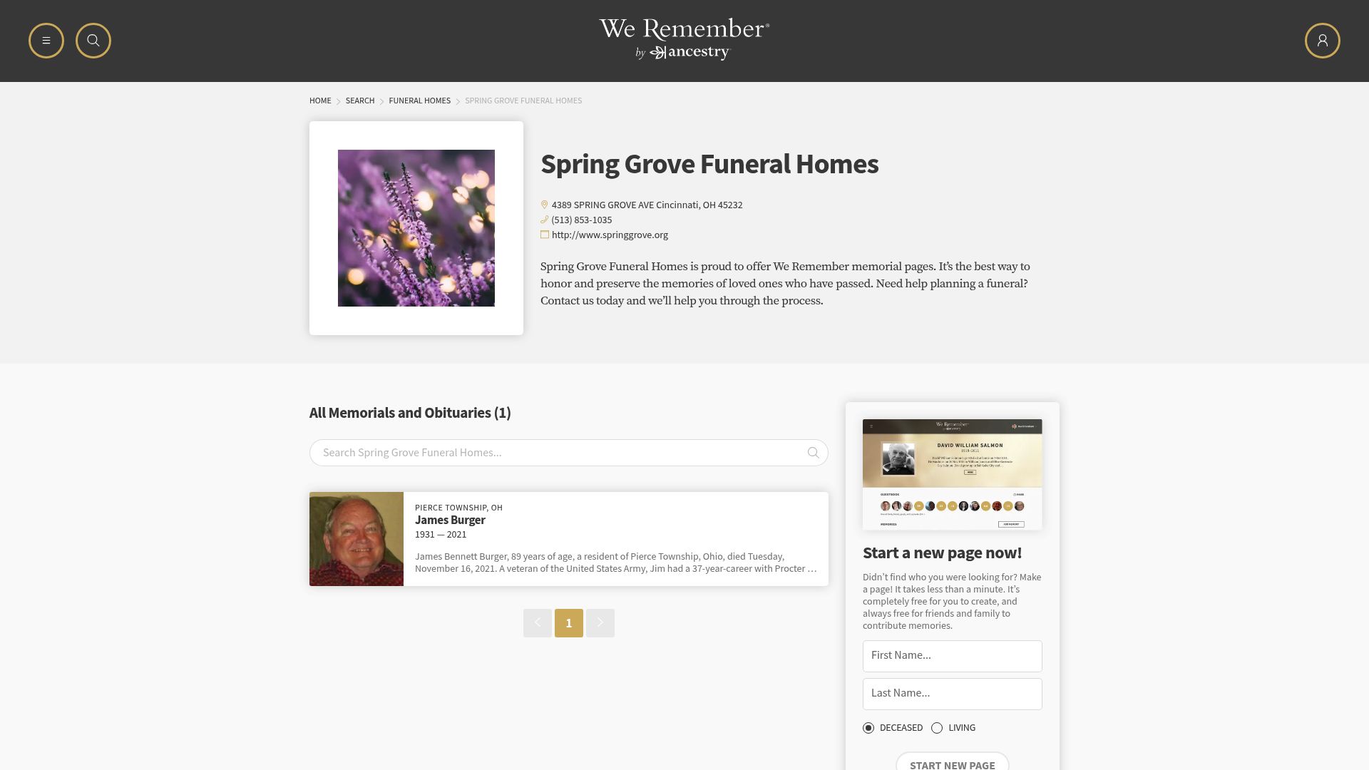 WeRemember Spring Grove directory page