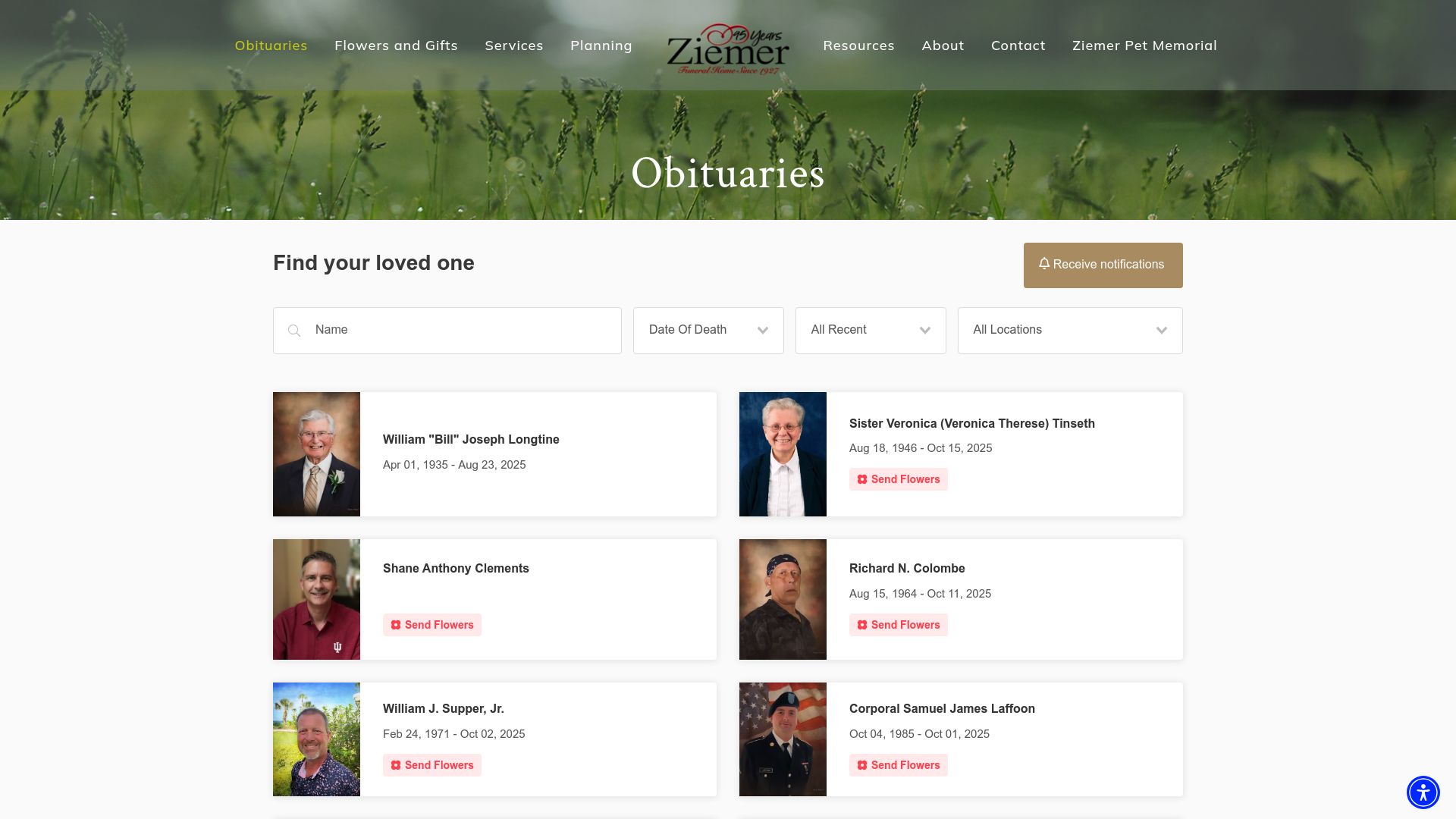 Screenshot of Ziemer Funeral Home obituary page