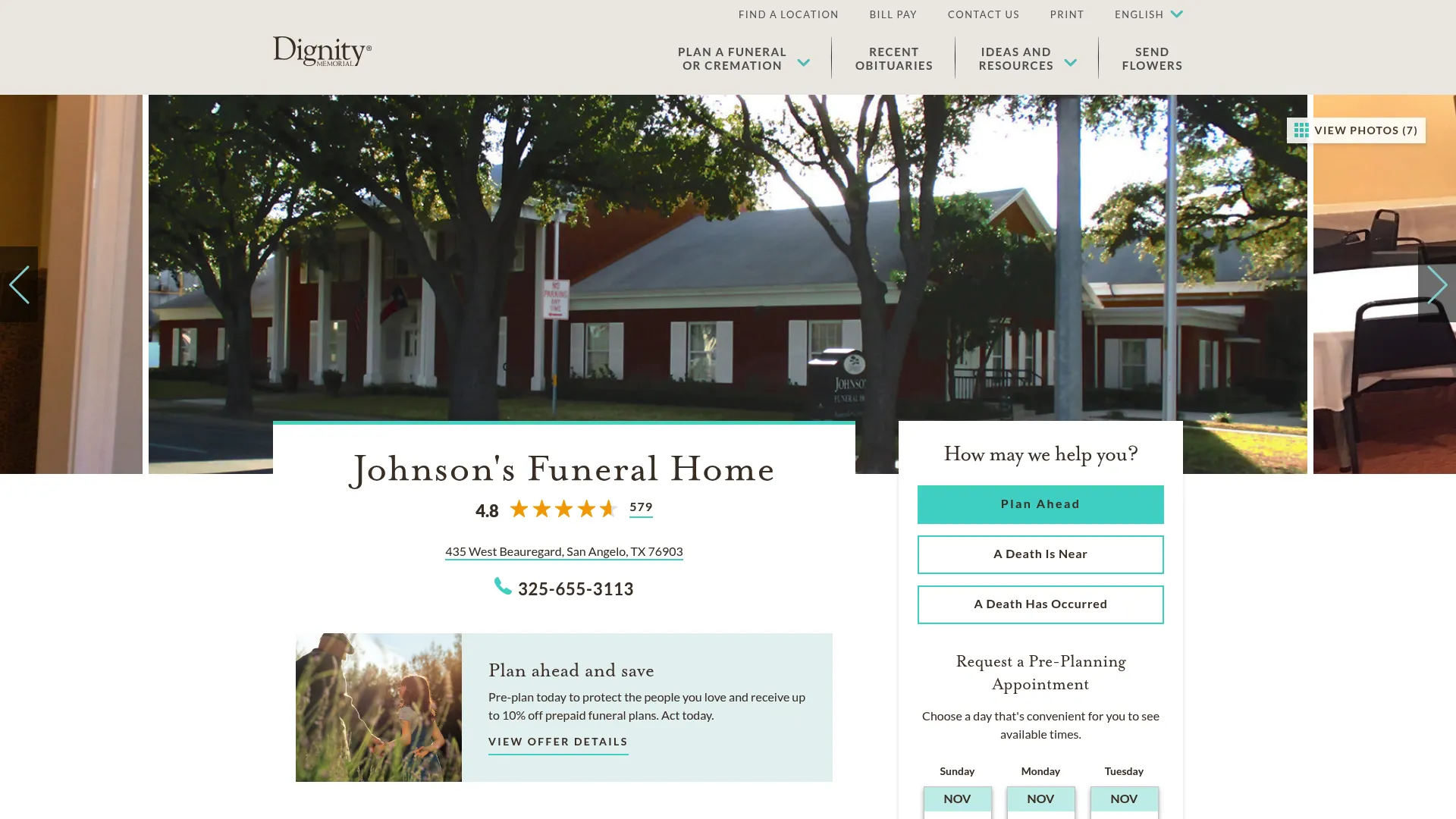 Johnson's Funeral Home Dignity Memorial website page