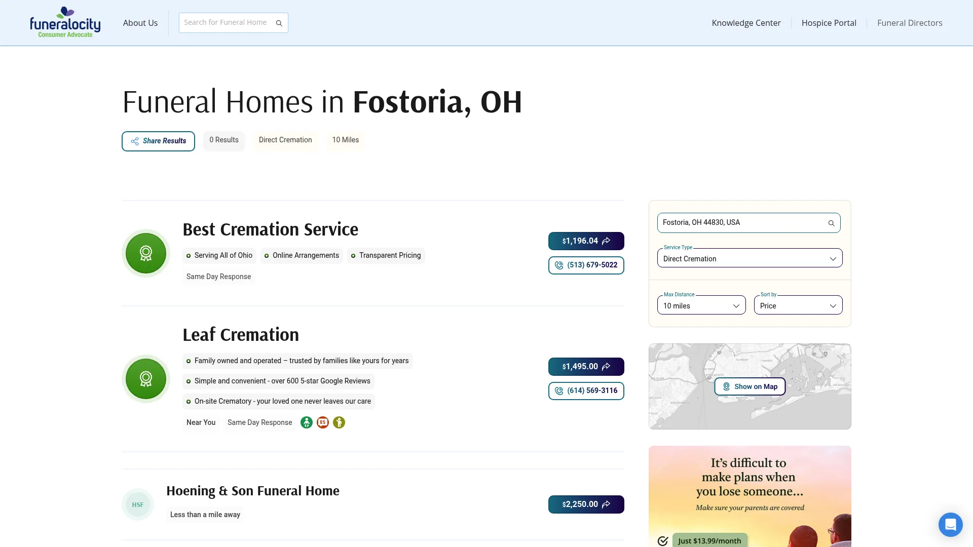 Funeralocity Fostoria search page