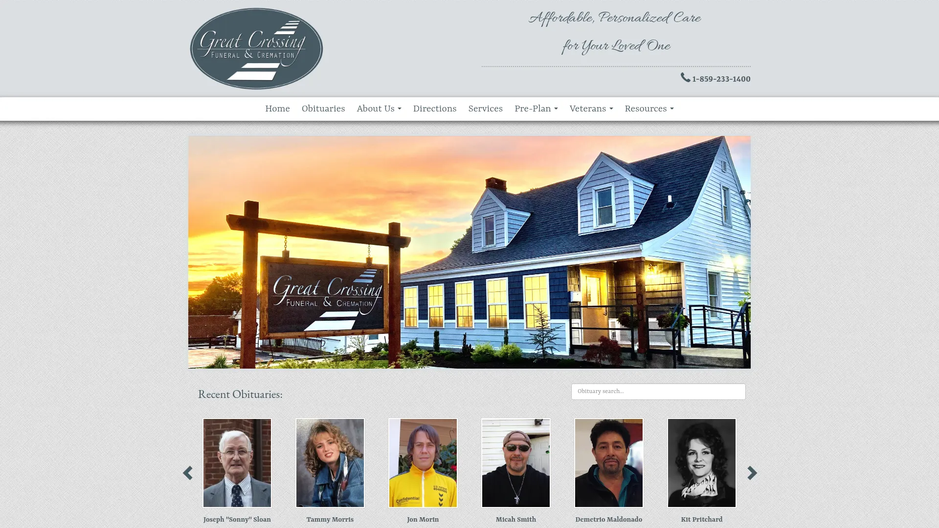Great Crossing Funeral Home website homepage